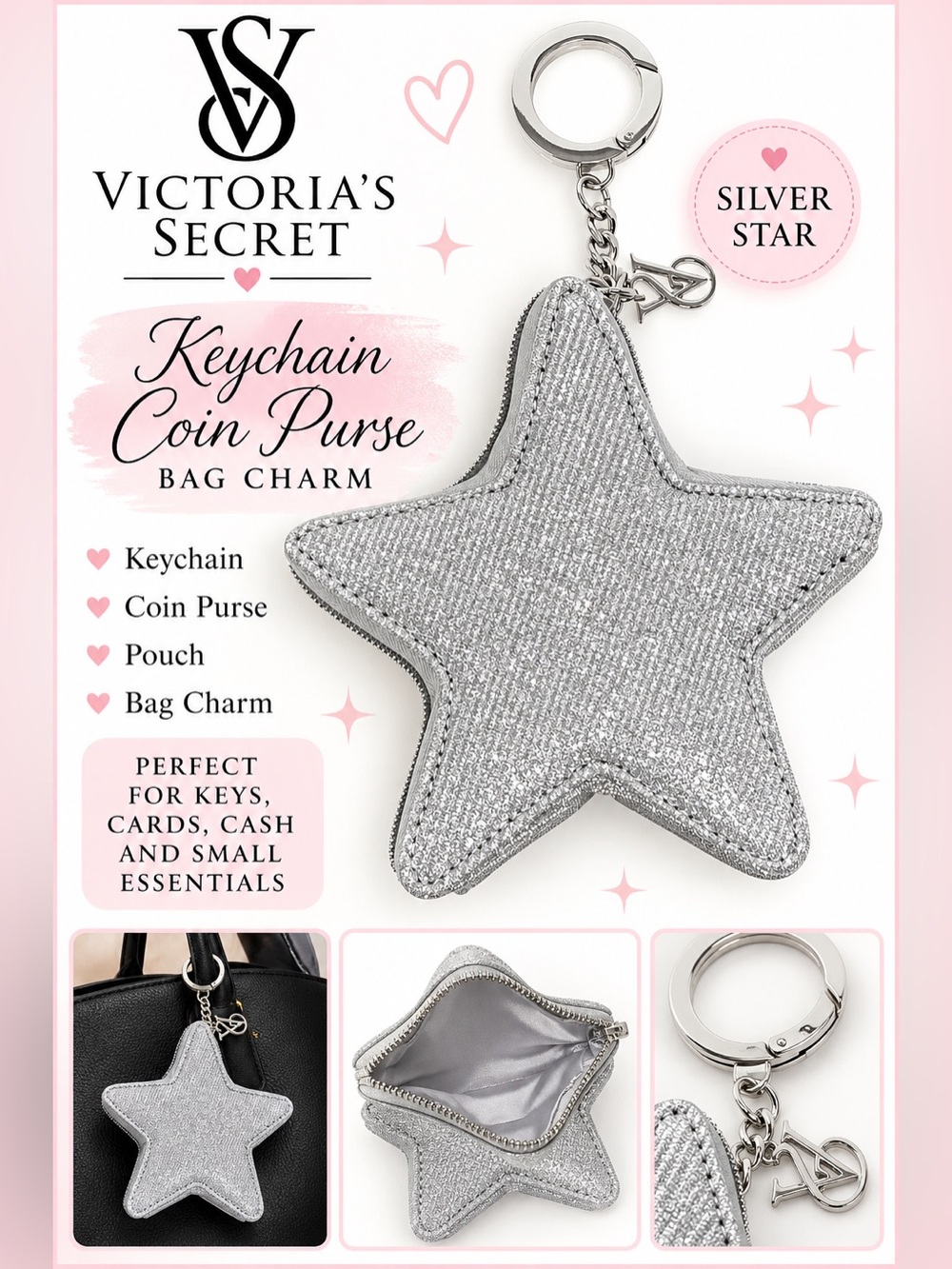 Victoria’s Secret Silver Star Coin Purse Keychain Bag Charm NWT